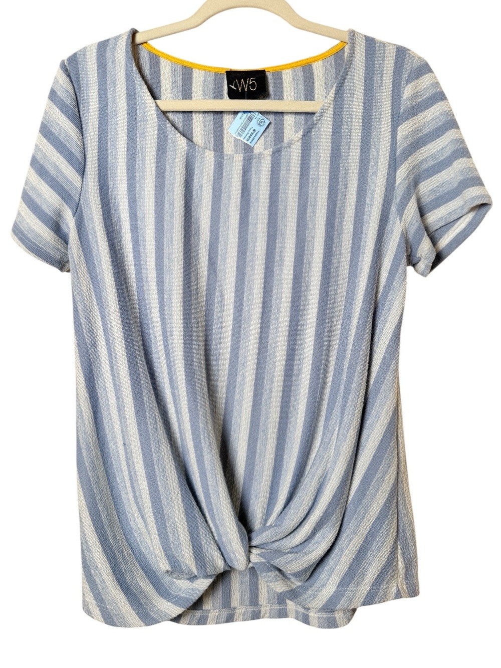 W5 Medium Light Blue & White Striped Knot-Front Short Sleeve Top
